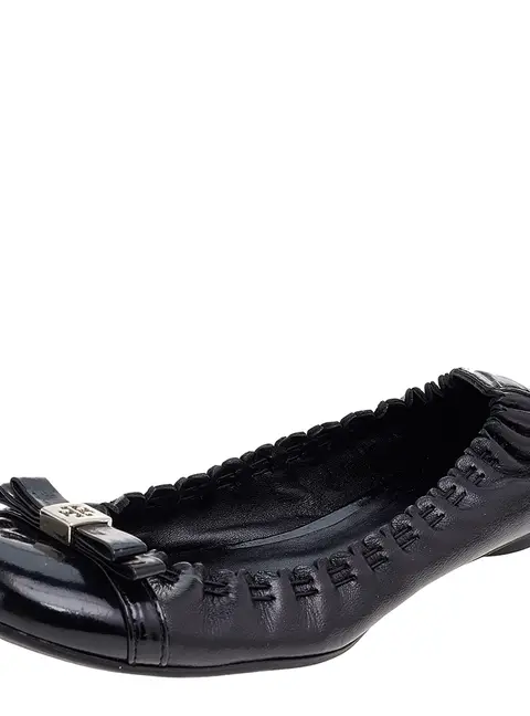 Tory Burch Black Leather Cap Toe Scrunch Ballet Flats Size 36