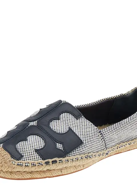 Tory Burch Black/White Canvas And Leather Logo Lonnie Espadrilles Flats Size 37