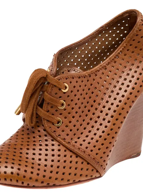 Tory Burch Brown Perforated Leather Wedge Sneakers Size 38.5
