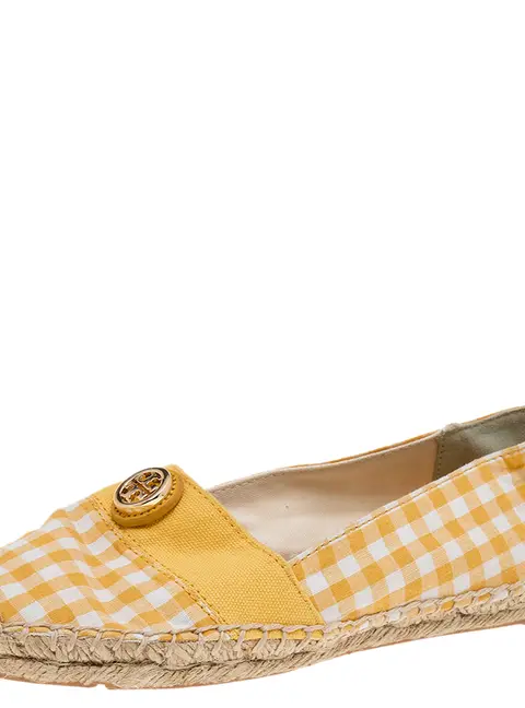 Tory Burch Yellow/White Gingham Fabric And Canvas Espadrille Flats Size 37.5