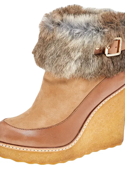Tory Burch Tan Leather, Suede And Fur Wedge Ankle Boots Size 37