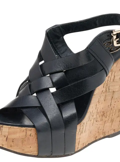 Tory Burch Black Leather Cork Wedge Strappy Platform Sandals Size 38