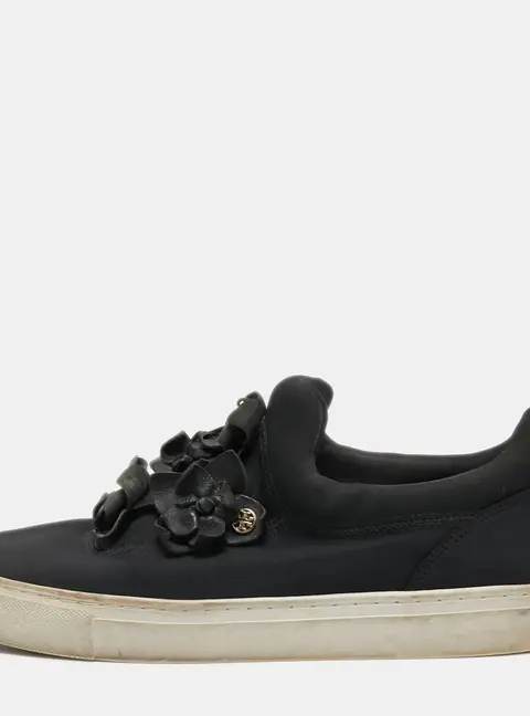 Tory Burch Black Neoprene and Leather Blossom Applique Slip On Sneakers Size 40.5
