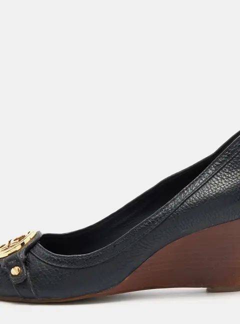 Tory Burch Navy Blue Leather Leticia Peep Toe Wedge Pumps Size 37.5