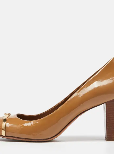 Tory Burch Beige Patent Leather Block Heel Pumps Size 40.5