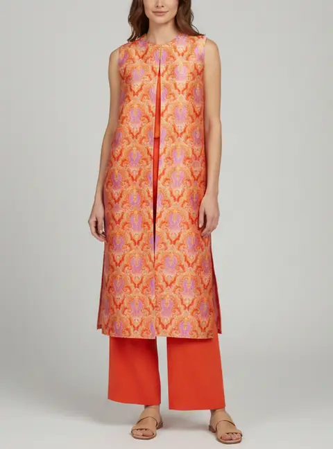 Tot-Hom Orange Crepe Jumpsuit and Paisley Print Jacquard Long Coat Set M