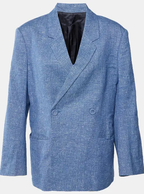 Toteme Blue Melange Cotton & Linen Double Breasted Blazer L