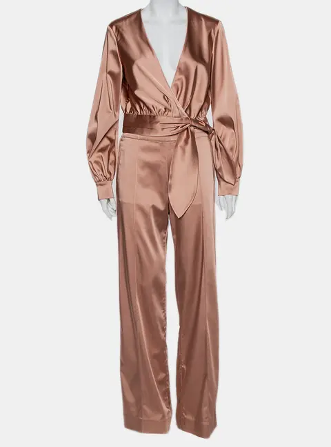 Jonathan Simkhai Salmon Pink Crepe Satin Wrap Crop Top & Wide Leg Track Pants Set M