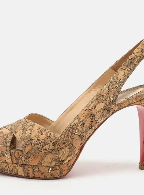 Christian Louboutin Beige Cork Soso Criss Cross Platform Slingback Sandals Size 37