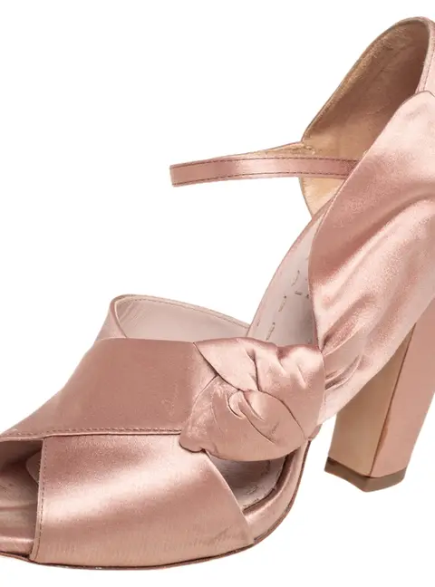 Miu Miu Beige Satin Bow Detail Ankle Strap Block Heel Pumps Size 36