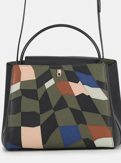 Valextra Brera Medium Khaki Multicolor Leather Top Handle Bag