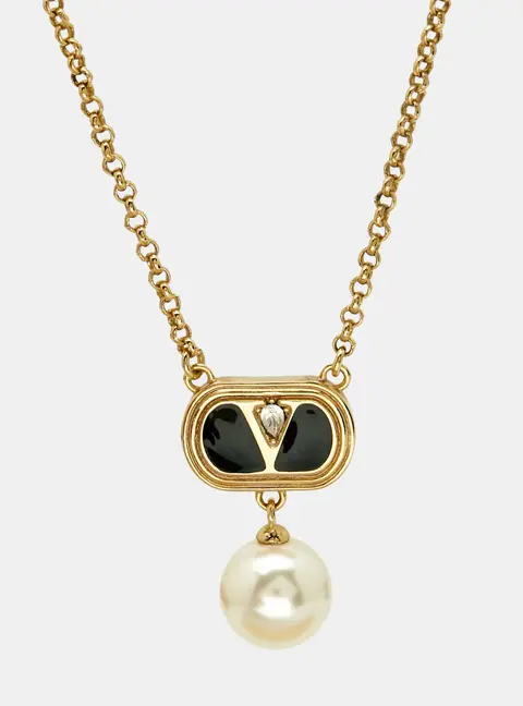 Valentino Crystals Enamel Faux Pearl Gold Tone Necklace