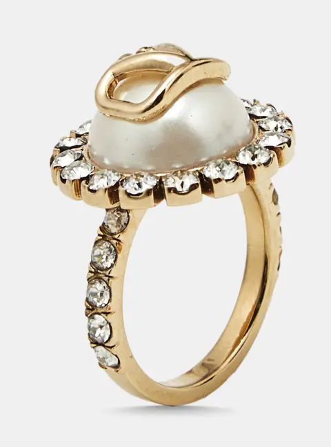 Valentino Vlogo Faux Pearl Crystals Gold Tone Ring Size 51