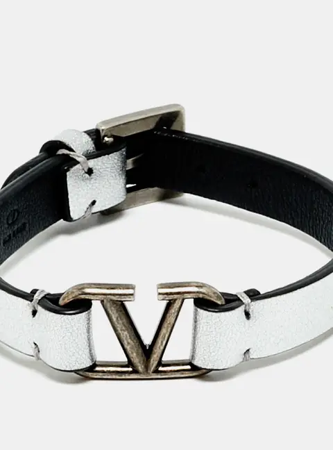 Valentino VLogo  Leather Silver Tone Bracelet
