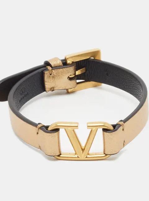 Valentino VLogo Leather Gold Tone Bracelet