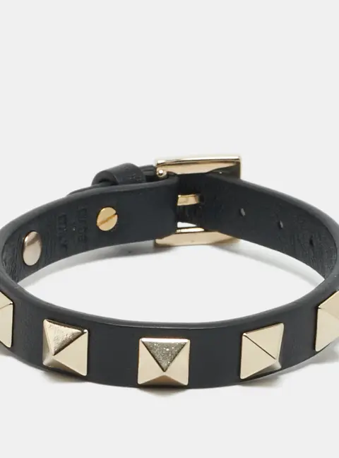 Valentino Rockstud Black Leather Gold Tone Bracelet