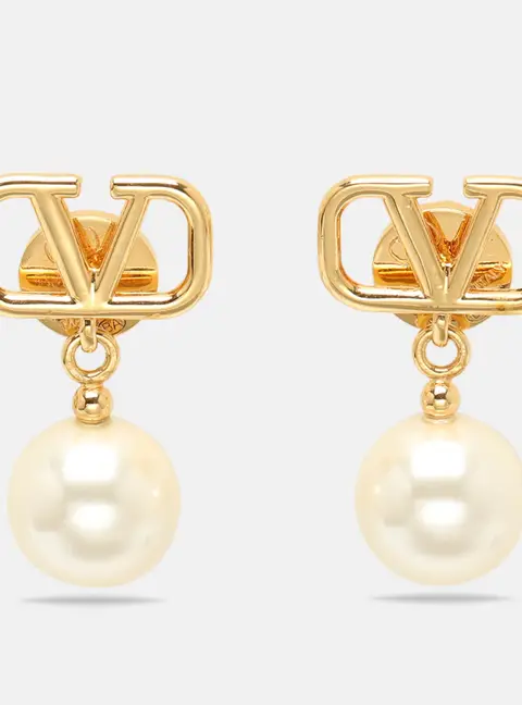 Valentino Gold Tone Metal Faux Pearl VLogo Signature Drop Earrings