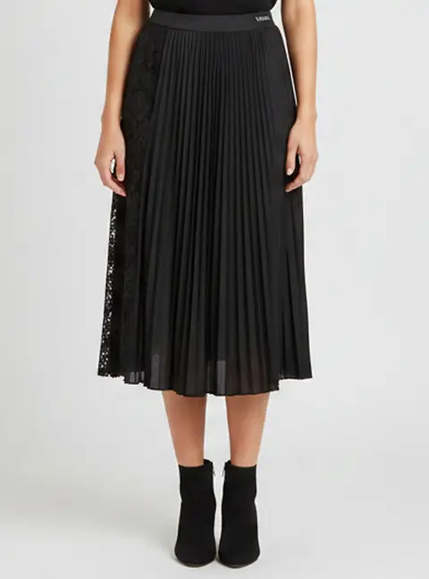 Valentino Black Pliss&eacute; Knit Lace Trim Midi Skirt L