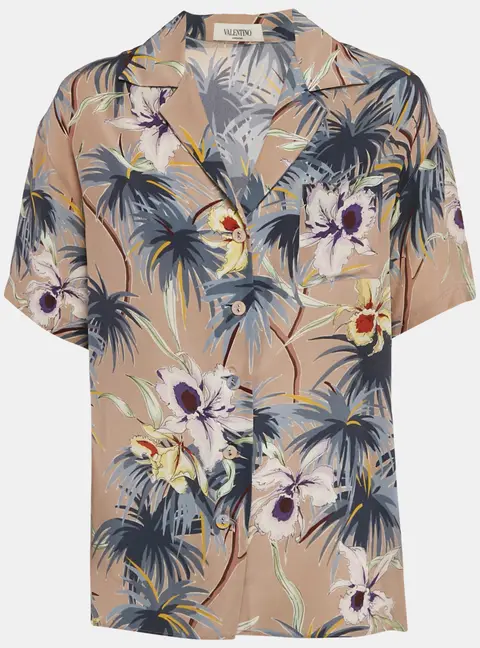 Valentino Brown/Grey Hawaiian Print Silk Crepe Short Sleeve Shirt M