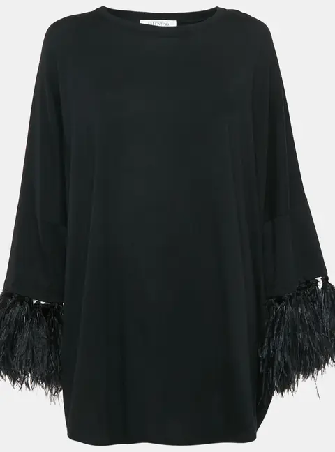 Valentino Black Cotton Feather Trimmed Tunic Top XS