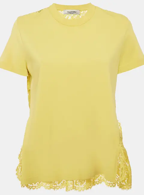 Valentino Yellow Lace and  Jersey Crew Neck Top M