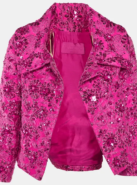 Valentino Pink Sequin Embellished Brocade Cropped Jacket S