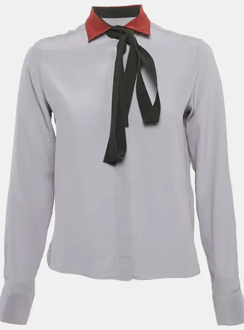 Valentino Grey Silk Contarst Neck Detail Shirt S