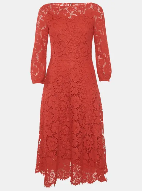 Valentino Red Corded Lace Long Sleeve Midi Dress M