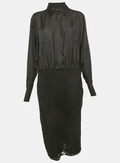 Valentino Black Lace and Satin Long Sleeve Midi Dress L