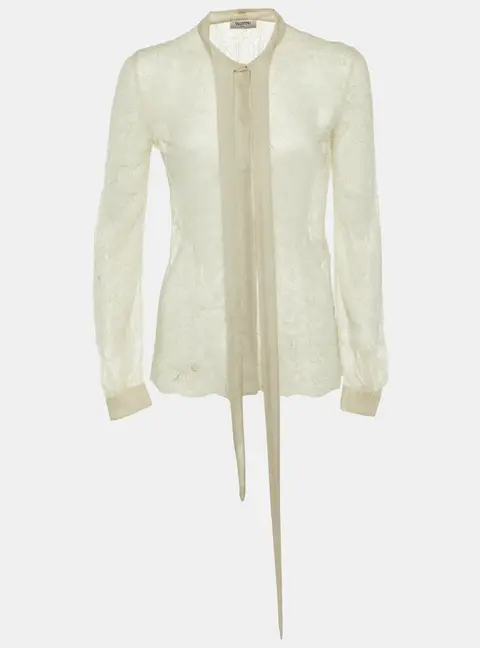 Valentino Pale Grey Lace Neck Tie Sheer Blouse S