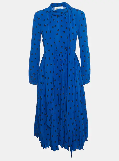 Valentino Blue Heart Print Silk Pleated Midi Dress S