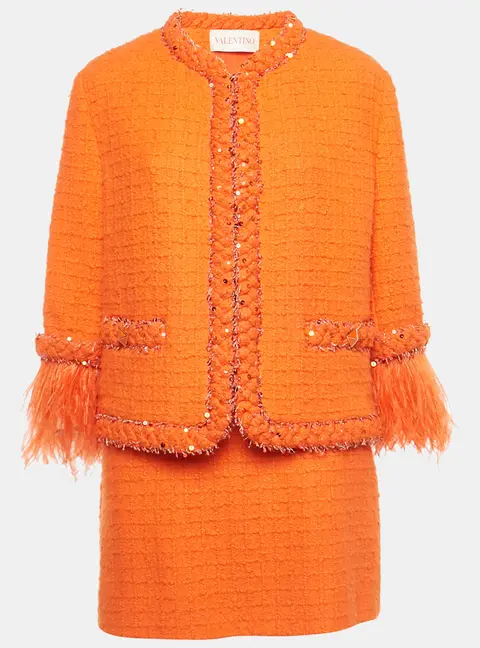 Valentino Orange Embellished Tweed Open Front Jacket & Skirt Set S/M