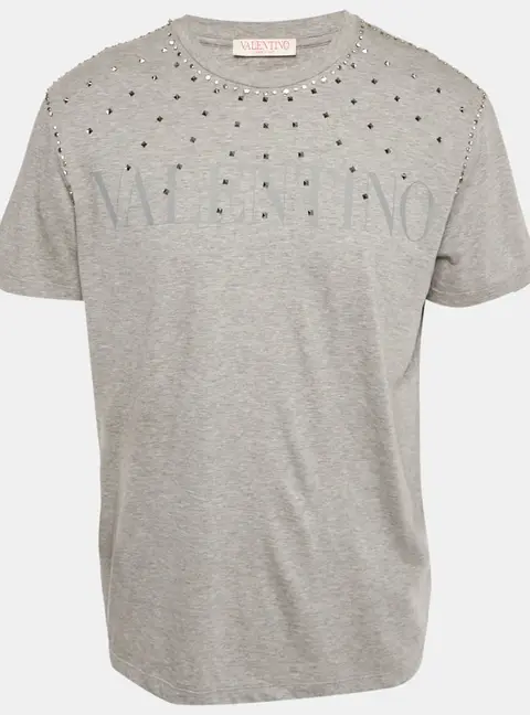 Valentino Grey Logo Printed Cotton nit Embellished Detail T-Shirt L