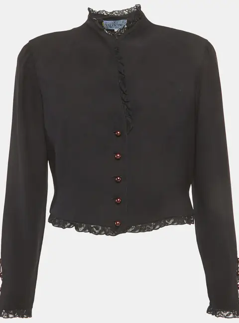 Valentino Vintage Black Crepe Lace Trim Cropped Jacket XL