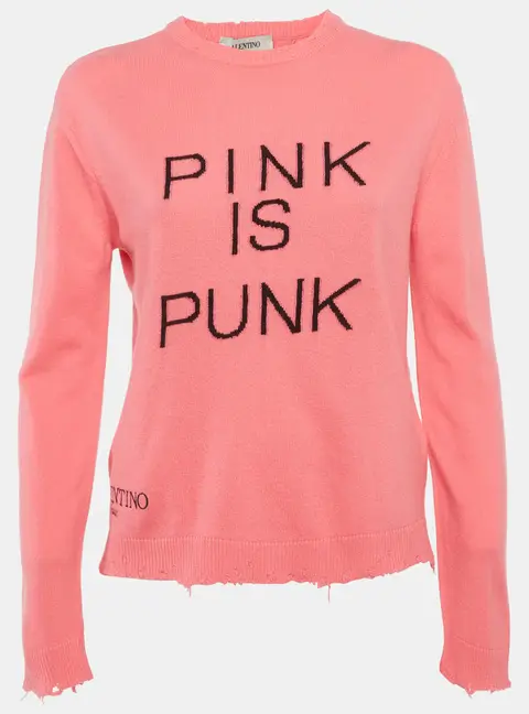 Valentino Pink Intarsia Wool Knit Distressed Sweater S