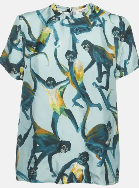 Valentino Light Blue Monkey Print Silk Short Sleeve Top M