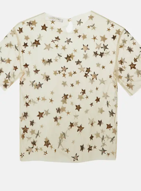 Valentino Beige Star Sequin Embellished Tulle Sheer Top XS