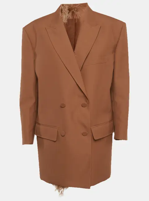 Valentino Brown Gabardine Feather Trim Double Breasted Blazer and Shorts Set