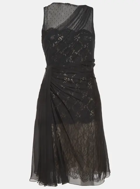 Valentino Black Lace and Chiffon Draped Midi Dress L