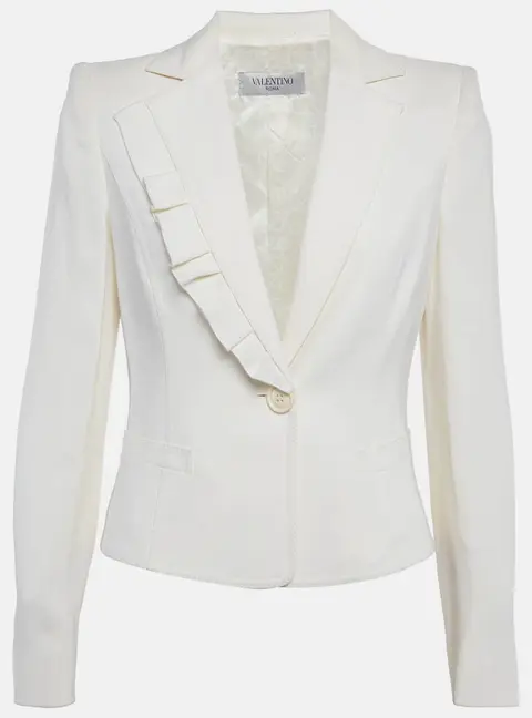 Valentino Off White Stretch Crepe Ruffle Cropped Blazer M