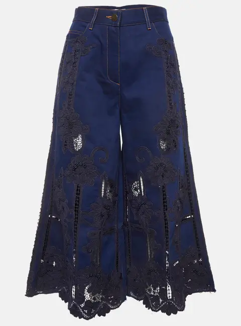 Valentino Navy Blue Embroidered Wide Leg Jeans S/Waist 28"