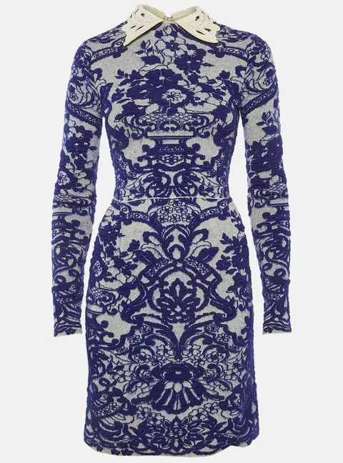 Valentino Blue/White Jacquard and Leather Collar Mini Dress XS