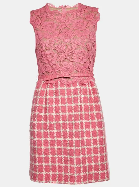 Valentino Pink Check Tweed and Guipure Lace Sleeveless Mini Dress M