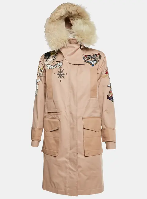 Valentino Pink Tattoo Bead Embroidered Cotton Gabardine Fur Trim Parka S