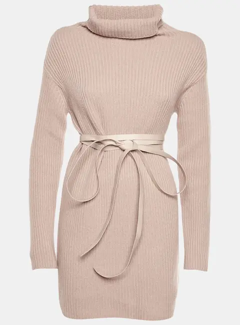Valentino Pink Rib Knit Turtle Neck Belted Mini Dress S