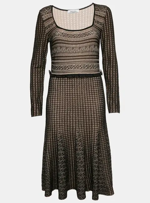 Valentino Black Crochet Knit Scoop Neck Midi Dress L