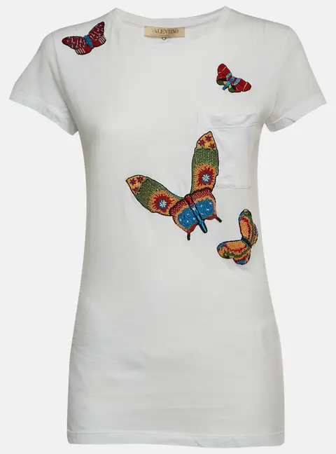 Valentino White Cotton Knit Butterfly Applique Crewneck T-Shirt XS