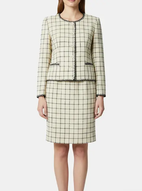 Valentino Miss V Beige Checked Silk Woven Blazer and Skirt Set M