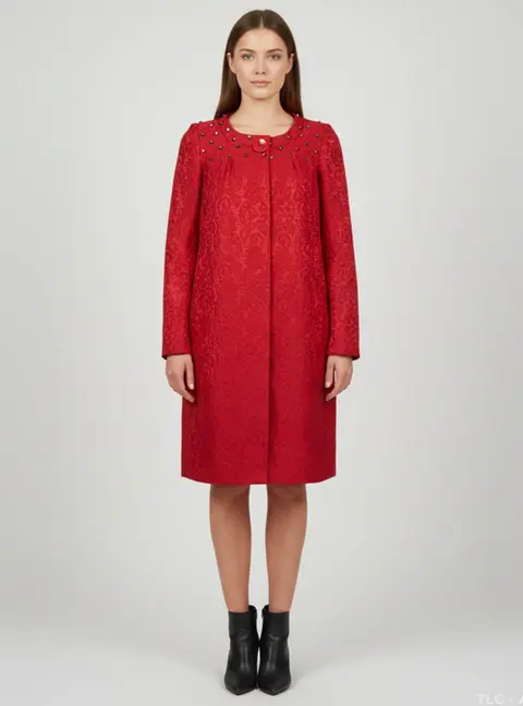 Valentino Red Crystal Embellished Wool Blend Jacquard Coat Dress S