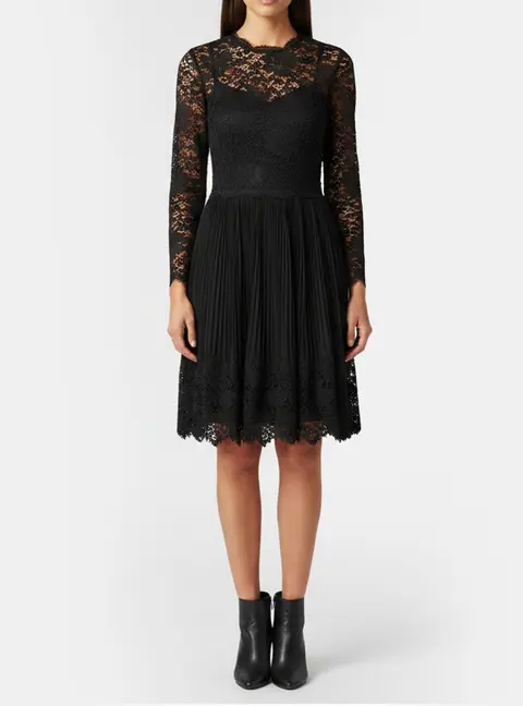 Valentino Black Lace and Lambskin Leather Long Sleeve Dress S